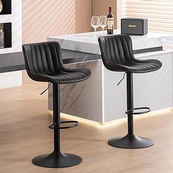 YOUNIKE Barhocker, Küchenstuhl, gepolstert, aus Kunstleder, mit Rückenlehne, höhenverstellbar und drehbar, hohe Stühle für Bar, Theke, Kücheninsel, 2 Stück, schwarz