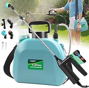 Battery Powered Sprayer 1.35 Gallon, 2026 Electric Garden Sprayer with 3 Adjustable Speeds, 4 Mist Nozzles, Rechargeable Handle, Retractable Wand with Adjustable Shoulder Strap for Weed Lawn(Blue)