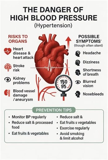 The Danger of High Blood Pressure (Hypertension) High blood pressure is often called a "silent killer" — not because it shows dramatic symptoms, but because it quietly damages blood vessels and vital organs over time. Many people live with high blood pressure without realizing it, which increases the risk of life-threatening health problems. | Health Awareness