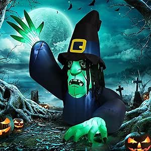 GOOSH 5.2 FT Halloween Inflatables Witch Outdoor Decorations Blow Up Yard Terror Green Face Witch with Built-in LEDs for Indoor Party Garden Lawn Decor