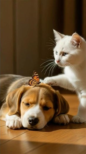 The kitten’s gentle curiosity – when a butterfly visits a sleeping puppy