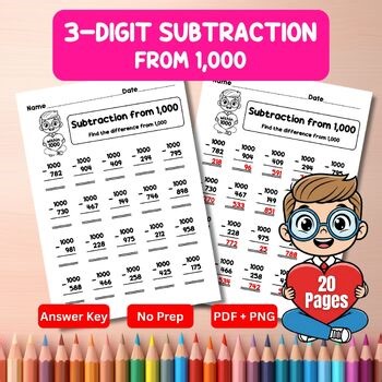 Valentine 3-Digit Subtraction from 1,000 Worksheets | No Prep Math