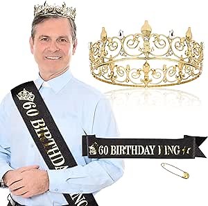Gold 60th Birthday Crown & Sash for Men, Royal King Decorations, 2 Count