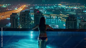 Woman in a thong bikini from behind standing in a swimming pool on a rooftop in Dubai at night