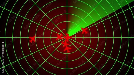 Green radar screen animation rotating target detection tracking system seamless. Radar point detects enemy position. An air traffic control tower equipped with radar. technology radar concept.
