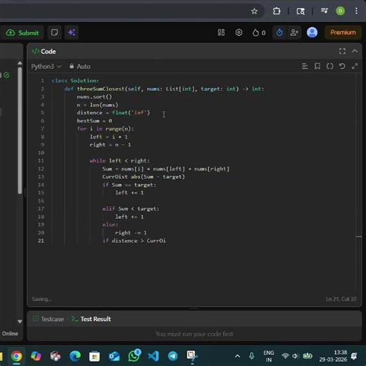 DSA On LeetCode : 3 Sum Closest Question || Question No. 16 #coding #dsa #python