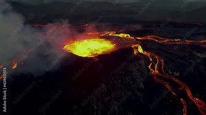 Impressive aerial view of the exploding red lava from the Active Volcano in Iceland