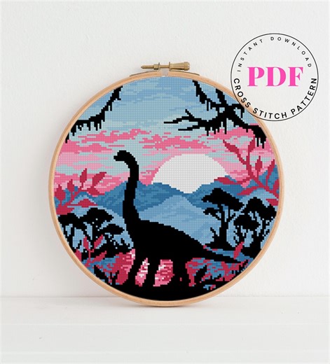 Dinosaur Silhouette Cross Stitch Pattern PDF | Prehistoric Landscape Embroidery | Modern Dino Wall Art - Etsy