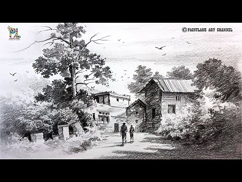 How to draw Trees and bushes in Village Street Nature Art by Pencil