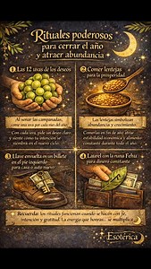 🌙✨ RITUALES PODEROSOS PARA CERRAR EL AÑO ✨🌙 (Guárdalo y léelo con calma) El cierre de año es un portal energético. Lo que haces hoy, siembra tu nuevo ciclo 🌾 🔮 Elige los rituales que más resuenen contigo: 🧹 Barre hacia afuera Libera lo viejo y abre espacio a lo nuevo. 🕯 Vela blanca y vaso con agua Pide paz, protección y claridad. ✍️ Lista de agradecimientos La gratitud eleva tu vibración y atrae abundancia. 🌾 Granos en el bolsillo Llamado ancestral para la prosperidad. 🍇 12 uvas de los d
