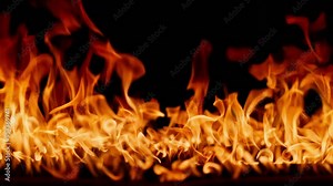 Beautiful dancing fire, the surface is ablaze. Lots of fire. Close-up immersion in the flames. The camera passes through the fire. Burning tongues of flame on a black backdrop in slow motion
