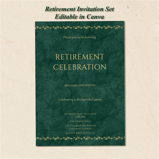 Retirement Party Invitation Bundle, Editable Canva Template, Gold Green Set - Etsy
