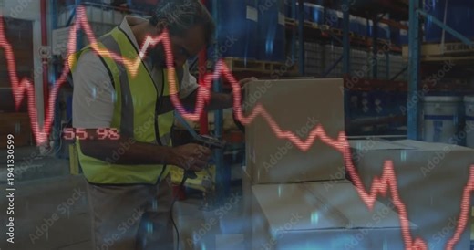 Warehouse packer grabbing box, scanning with scanner, red graph overlaying frame tracking stock