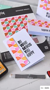 @sizzix Designer Pete Hughes layers bright inks over the Candy Kitsch Rotating Stencil to build playful retro-inspired patterns, then trims the background down into different card fronts! 🎨 One stencil, endless designs! #Sizzix #RotatingStencils #StencilAndStamp#Cardmaking #Papercrafts #DIYCards #Stenciling #HandmadeCards | Creative Scrapbooker Magazine