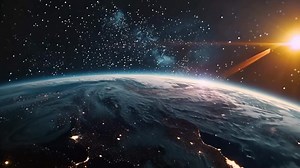 Download Planet earth space astronomy cinematic background science exploration orbit glowing sun glimpse flare glare sunlight rays satellite global world view illuminated stars planets connection for free