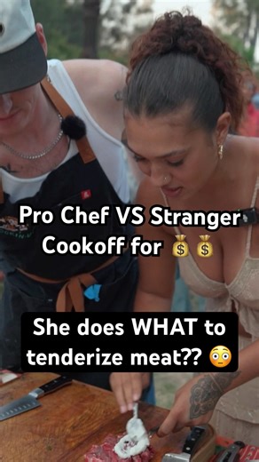 She does WHAT to Tenderize Meat?? 😬 Pro Chef VS Stranger