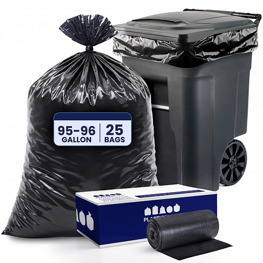 Plasticplace 95-96 Gallon Garbage Can Liners Heavy Duty Black Trash Bags Tear-Resistant Outdoor Garbage Bags for Rollaway Bins Large 61" x 68" Industrial-Strength Waste Bags (25 Count) 1.5 Mil