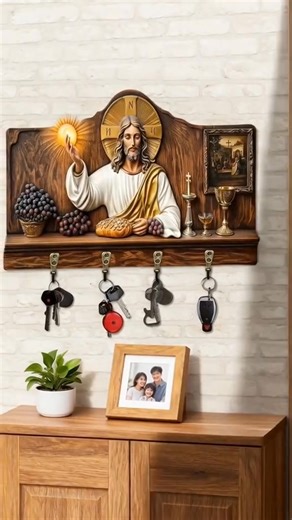 🕊️ Jesus Communion Key Holder: Let Faith Meet Your Everyday at the Door That little entryway spot shouldn’t just hold messy keys—let this Communion-themed key holder tuck faith’s warmth into your daily routine. Its design features quiet Communion symbols—grapes, bread, and a chalice—not as loud decor, but a soft reminder every time you grab your keys. Before heading out, a quick glance tucks a little peace in your pocket; when you hang up your keys after a long day, it wraps up your tiredness w