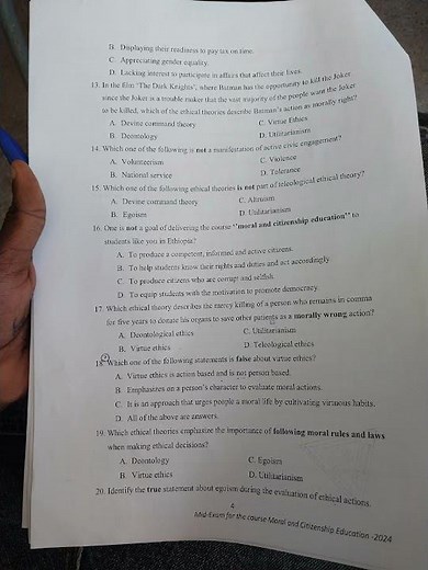 civics&moral education #mid exam with answer for fresh man students from chapter 1 &2