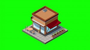 Isometric cafe building animation. Cafe building exterior. Cafe icon. Isometric shop or stores. Motion graphic. 4K animation