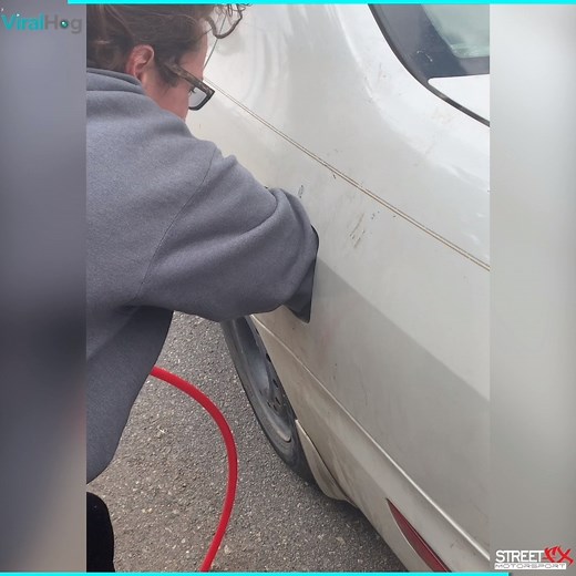 The driver of this vehicle ran out of gas, however she can't seem to fill her car up, since her gas tank is missing. Vid: ViralHog | Street FX Motorsport USA