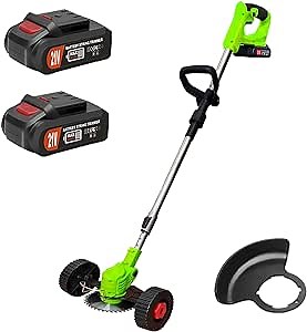 Electric Weed Wacker Cordless Battery Operated, Stringless Weed Eater Battery Powered, Cordless Grass Trimmers with 2 Batteries & Charger, Push Brush Cutter Lawn Edger with Wheels & Blades No String