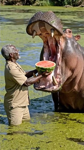 Kind Man Feeding Hippo a Half Watermelon! #wildlife #Geniuslepus #funny