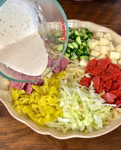 A true Italian taught me this recipe This is the perfect potluck pasta salad It is a salty, savory and tangy blend of provolone, hard salami, pepperoni, fresh and zesty veggies with a herby mayo vinaigrette. | Paul S Show