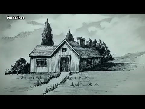 Cottage house drawing in Scenery Art | How to draw cottage | Perspective House drawing
