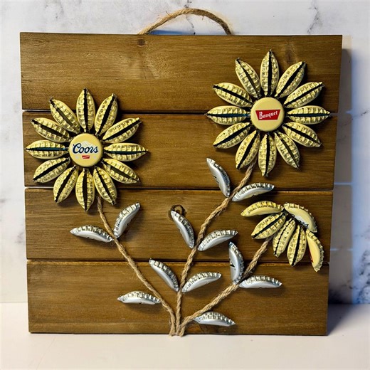 Handmade Upcycled Beer Bottle Cap Flower Art on Wood Board - Etsy
