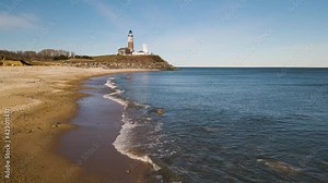 Montauk Lighthouse in Montauk Point State park, views of Block Island Sound, Atlantic Ocean and beyond, Montauk Hwy, Montauk, NY, USA in Long Island. Montauk Point Lighthouse Stock Video