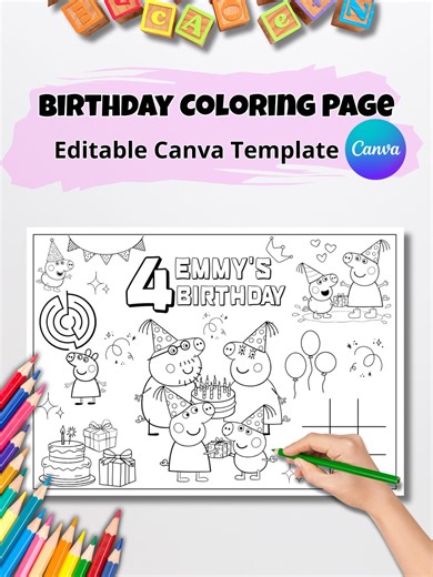 Peppa Pig Birthday Coloring Page | Editable in Canva | Personalized Name & Age | Printable Kids Party Activity | Instant Download - Etsy Australia