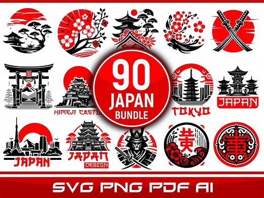90 Japanese Vector Clipart Bundle | Samurai Logo SVG PDF PNG Japan Pack | Fuji Art - Etsy