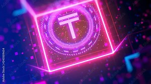 The new symbol of the Kazakhstani tenge currency animated logo reveal. Financial sign on digital background. Video with bokeh, neon lights.