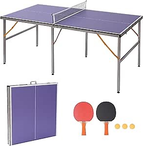 Portable Ping Pong Table, Mid-Size Foldable Table Tennis Table w/Net, 2 Paddles, 3 Balls, Table Tennis Table for Indoor Outdoor, Ping Pong Tablefor Kids Family Holiday Sports
