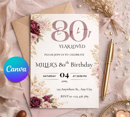 80th Birthday Invitation Template, Elegant Floral 80th Birthday Invite, Editable Eighty Birthday Party Invitation, Milestone Birthday Invite