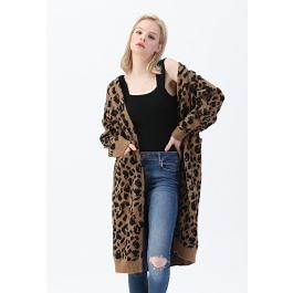 Leopard Pockets Longline Cardigan in Brown