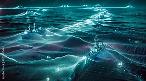 A digital video of a ship navigating through the sea with radar data in the background, Radar data displaying the movement of naval ships in open waters