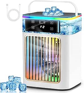 Portable Air Conditioners, Mini Air Conditioner with 2 Cool Mists & 4 Speeds, 2025 Upgraded USB Personal Desk Air Cooler with 7 Color Lights & 900ML for Room, Office
