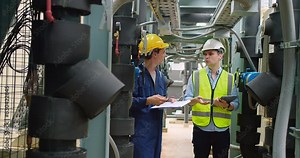 Civil engineer manager and foreman worker checking industry cooling air conditioner water cooling tower air chiller of large industrial building to control air system at construction site
