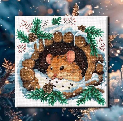 Cross Stitch Kit "Little Mouse" – DIY Embroidery Kit with DMC Threads, Cute Animal Needlework Set for Home Decor & Gifting