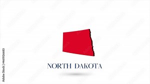 3d animated flat map showing the state of North Dakota from the United State of America on white background. USA. Rotating map of North Dakota with shadow. USA. 4k