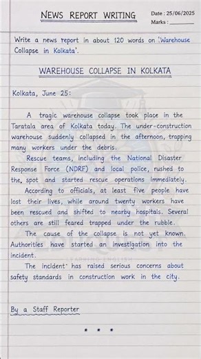 Warehouse Collapse in Kolkata | News Report Writing | Class 8–12 English | 120 Words