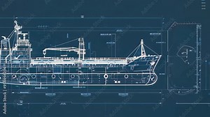 presents a detailed blueprint of a modern ship in side view, featuring intricate lines and measurements on a deep blue background. Perfect for maritime projects and education. Stock Video