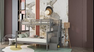 MERITLINE Twin Over Full Bunk Bed with Stairs, Solid Wood Stairway Bunk Bed with Storage and Guard Rail for Kids Teens Adults – Gray