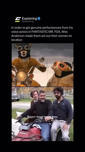 Explaining on Instagram: "For Fantastic Mr. Fox (2009), Wes Anderson used an unusually immersive approach to recording dialogue. Instead of placing his actors in a traditional sound booth, he brought them into real environments like fields, barns, forests, and even kitchens. The goal was to capture natural movement, shared space, and spontaneous interaction that a studio setting often flattens. Actors like George Clooney, Meryl Streep, and Bill Murray were encouraged to physically act out scenes