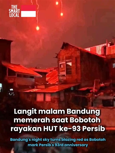 Bandung's night sky turns blazing red as Bobotoh mark Persib's 93rd anniversary On March 15, supporters of Persib lit flares across the city of Bandung, painting the night sky a blazing red to celebrate the club’s 93rd anniversary. Convoys of supporters were seen passing through streets bathed in red light as the flares hung in the air. Many are calling it one of the most visually stunning tributes for a soccer team in Indonesia. #TSLID #Indonesia #persib #bandung #hutpersib