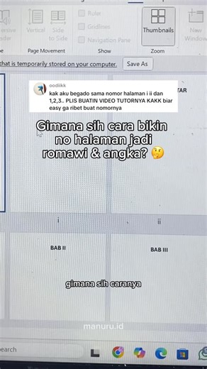 manuru.id | Cek Plagiasi AI & Parafrase on Instagram: "Gausah bingung lagi buat bikin no halaman yang berbeda (romawi & angka), ikutin tutorial ini aja! --- ‼️Yang mau dokumennya bebas dari AI detector bisa komen "CEK AI" yaa 🫶🏻 ‼️ Yang mau 999++ template ppt animasi siap pakai juga bisa komen "TEMPALTE" 🫶🏻 #mahasiswa #kuliah #tipsskripsi #tipskuliah #msword"