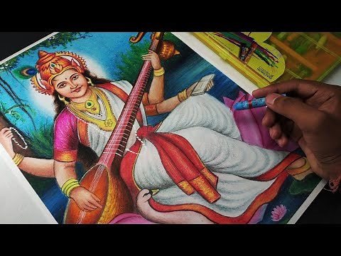 Saraswati drawing, Oil pastel drawing, Step by step