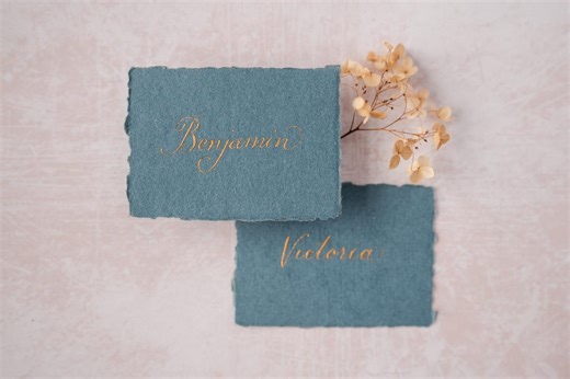 Blue Wedding Name Cards, handwritten calligraphy, handmade paper